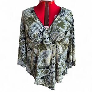 Cato Green Yellow & Black Paisley Faux Wrap Top Blouse 14/16W